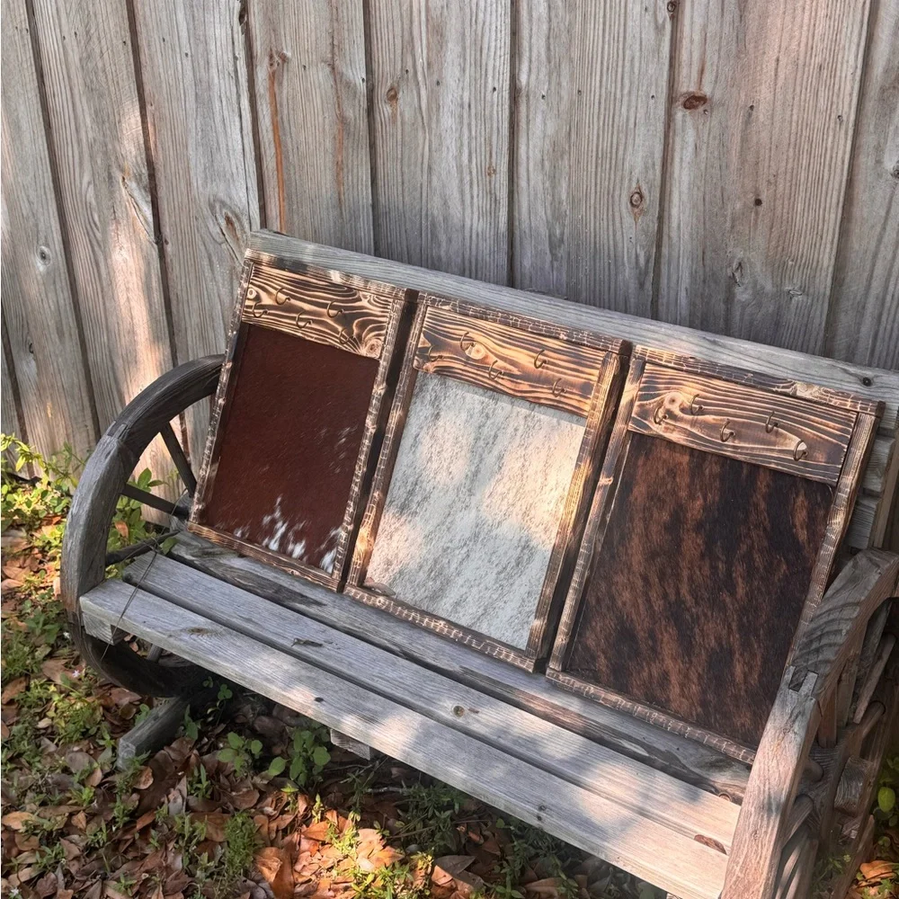 Rustic Wooden Framed Mirror - Distressed Brown Frame - cowhide Jewlery holder
